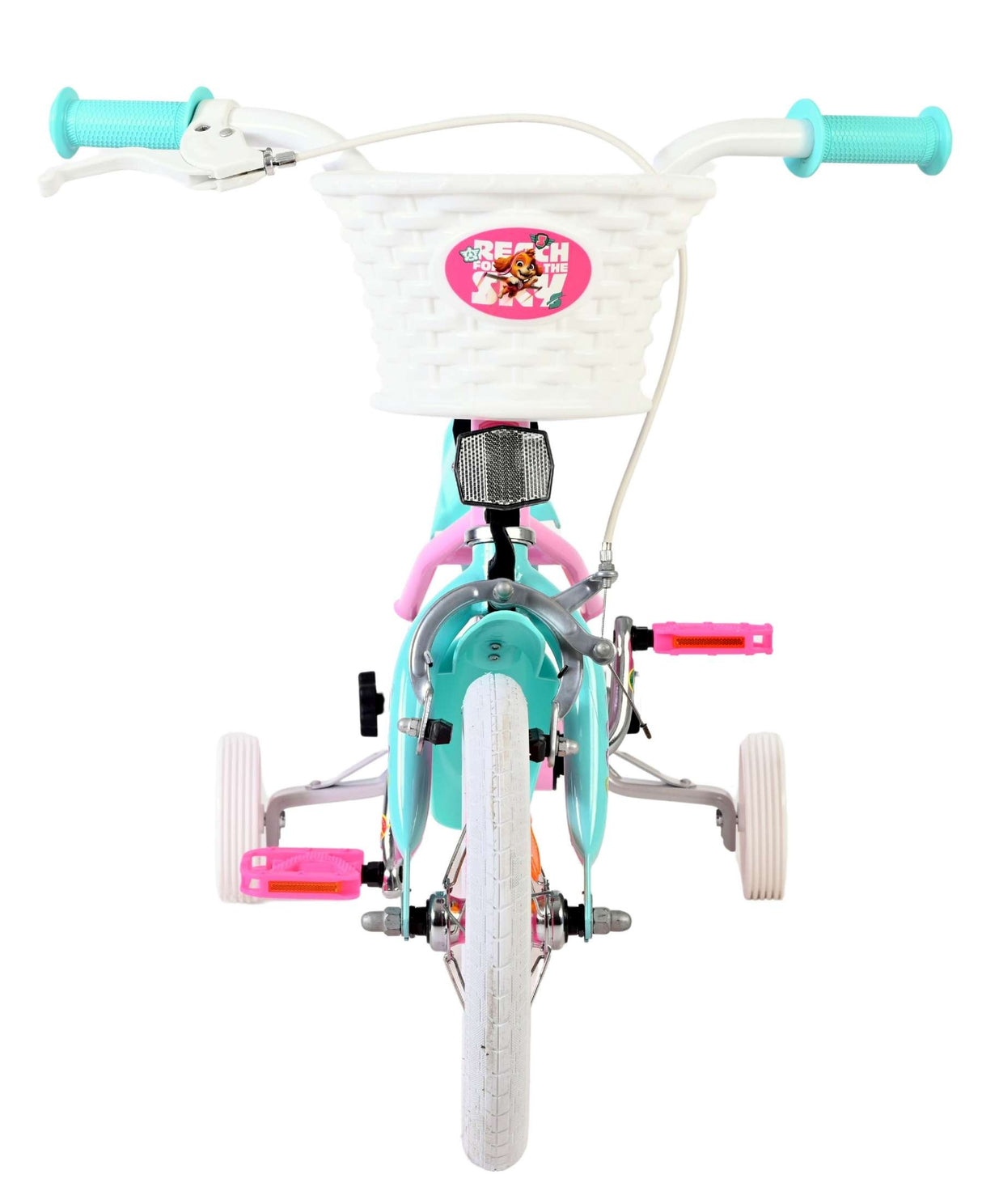 Kinderfahrrad in Türkis mit Korb und pinken Pedalen