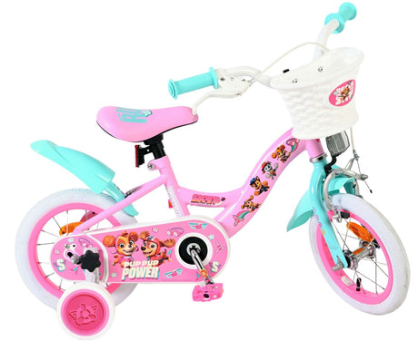 Rosa Kinderfahrrad mit Korb und Paw Patrol Motiven