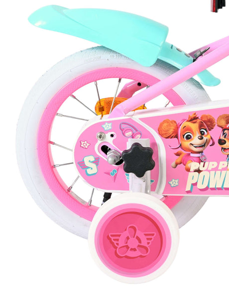 Rosa Kinderfahrrad mit bunten Details und weißem Reifen