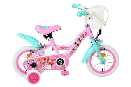 Rosa Kinderfahrrad mit weißen Reifen und Korb vorne
