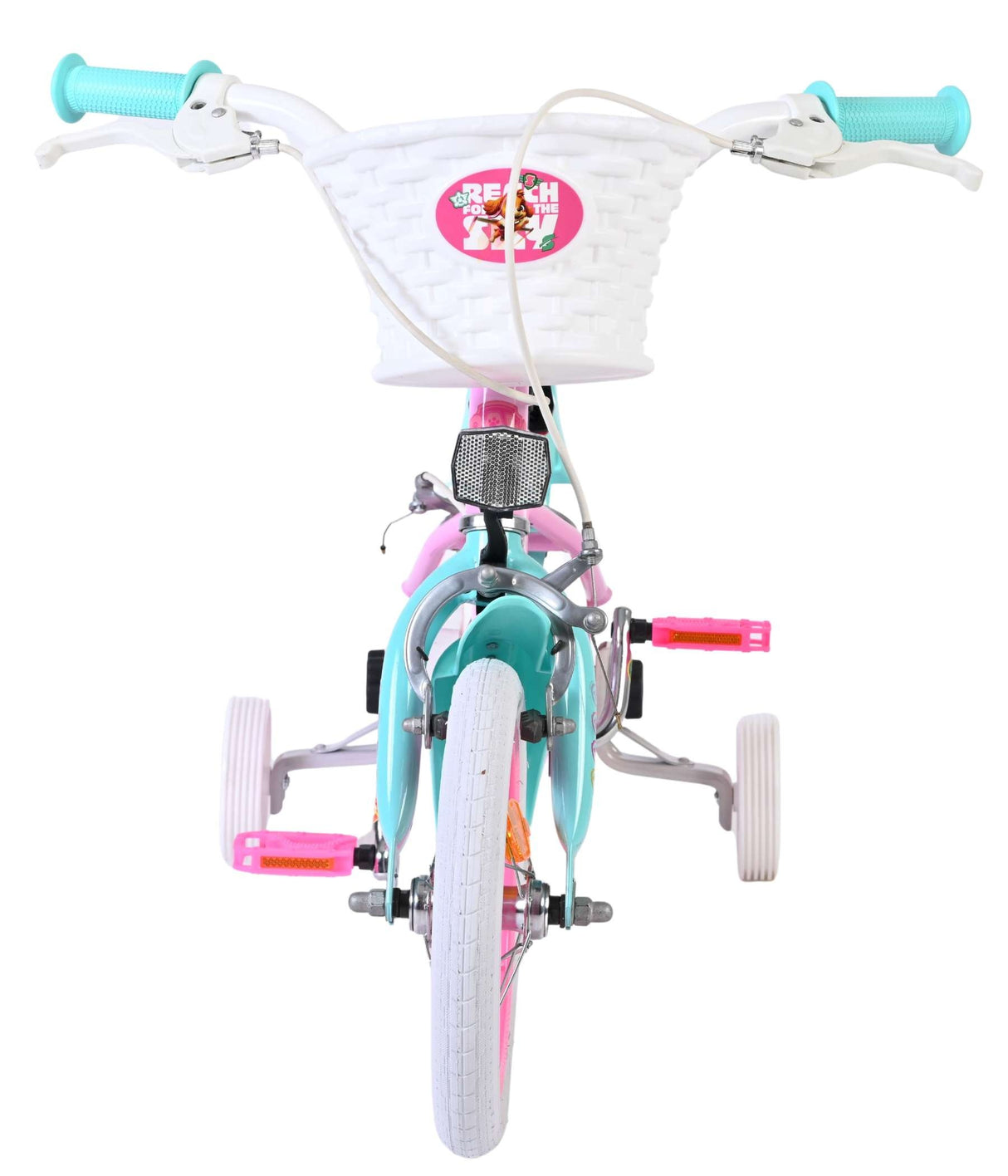Kinderfahrrad mit weißem Korb, pinken Pedalen und Stützrädern