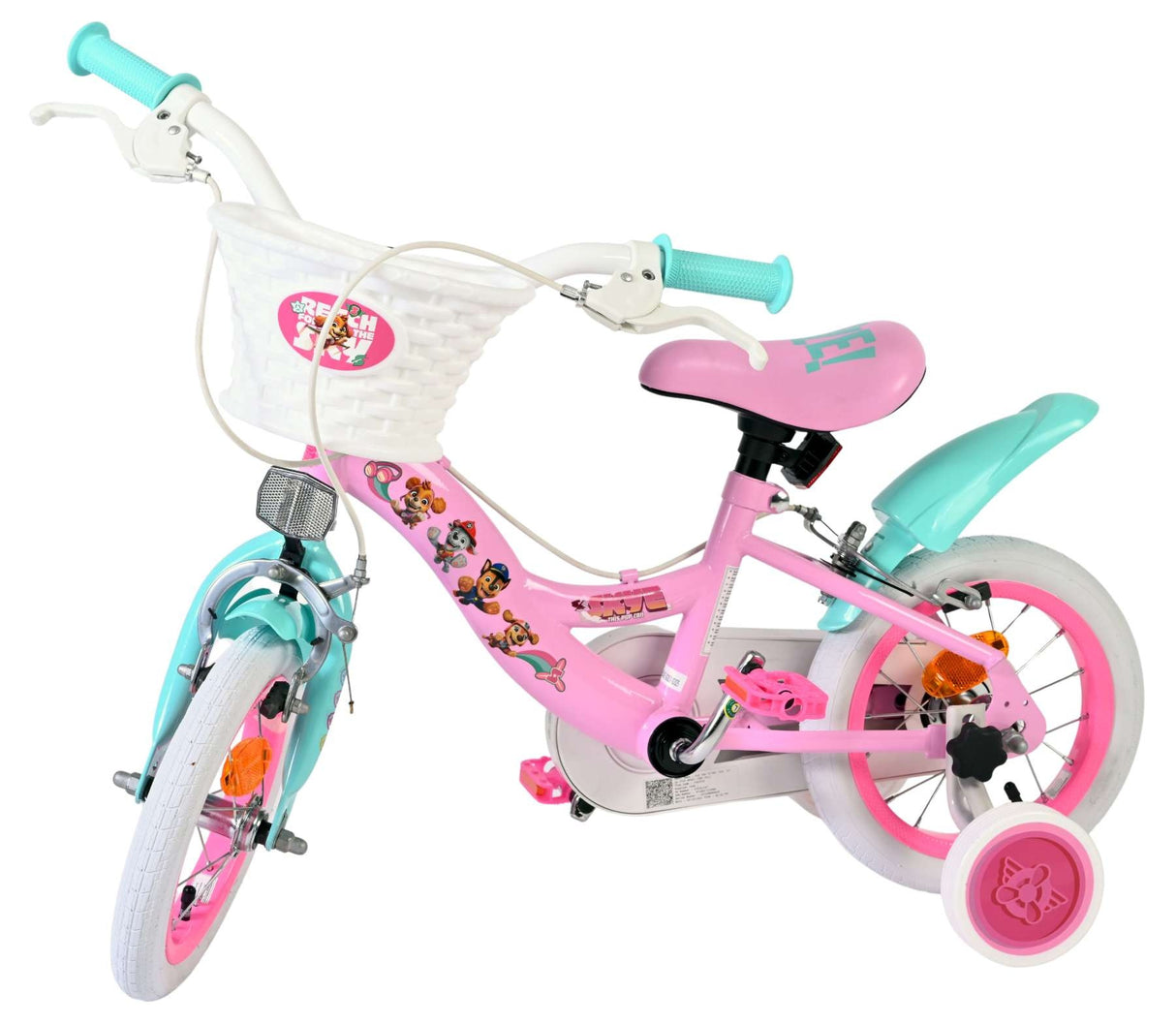 Kinderfahrrad in Pink und Türkis mit Korb und Aufklebern