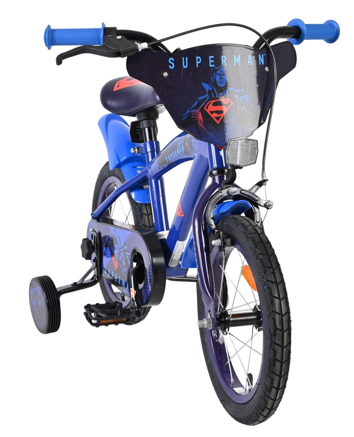 Blaues Kinderfahrrad mit Superman-Motiv und Stützrädern