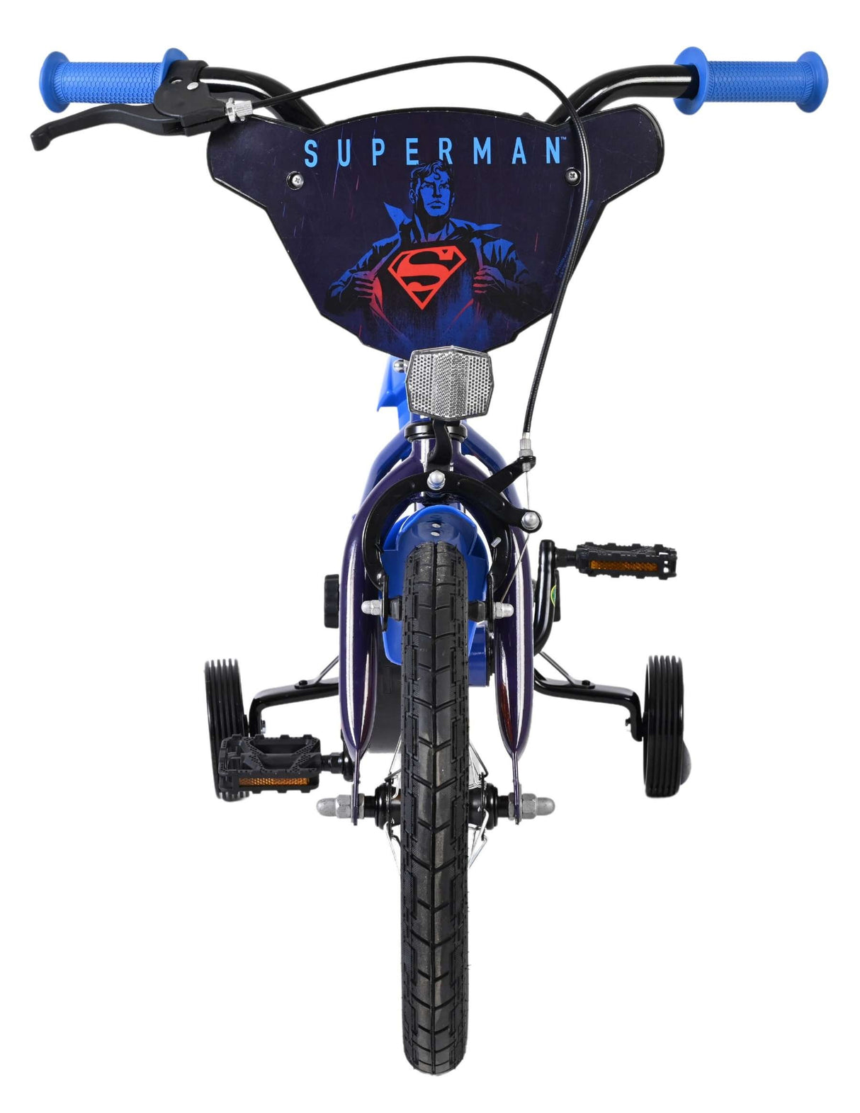 Kinderfahrrad mit Superman-Motiv und blauen Griffen, drei Räder