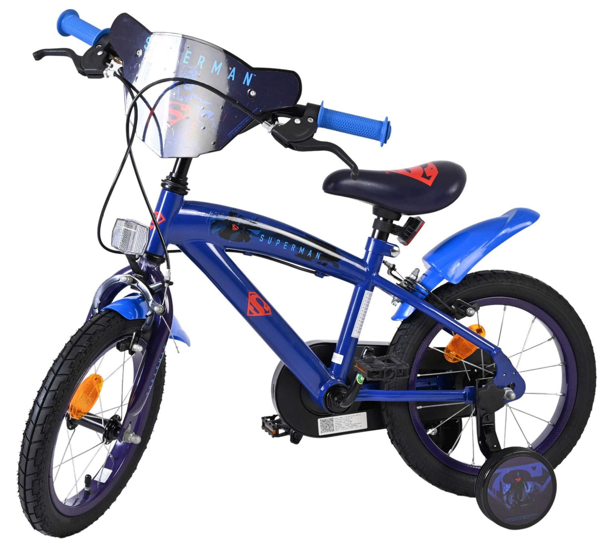 Blaues Kinderfahrrad mit Superman-Motiv und Stützrädern