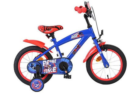 Blaues Kinderfahrrad mit roten Akzenten und Comic-Motiv