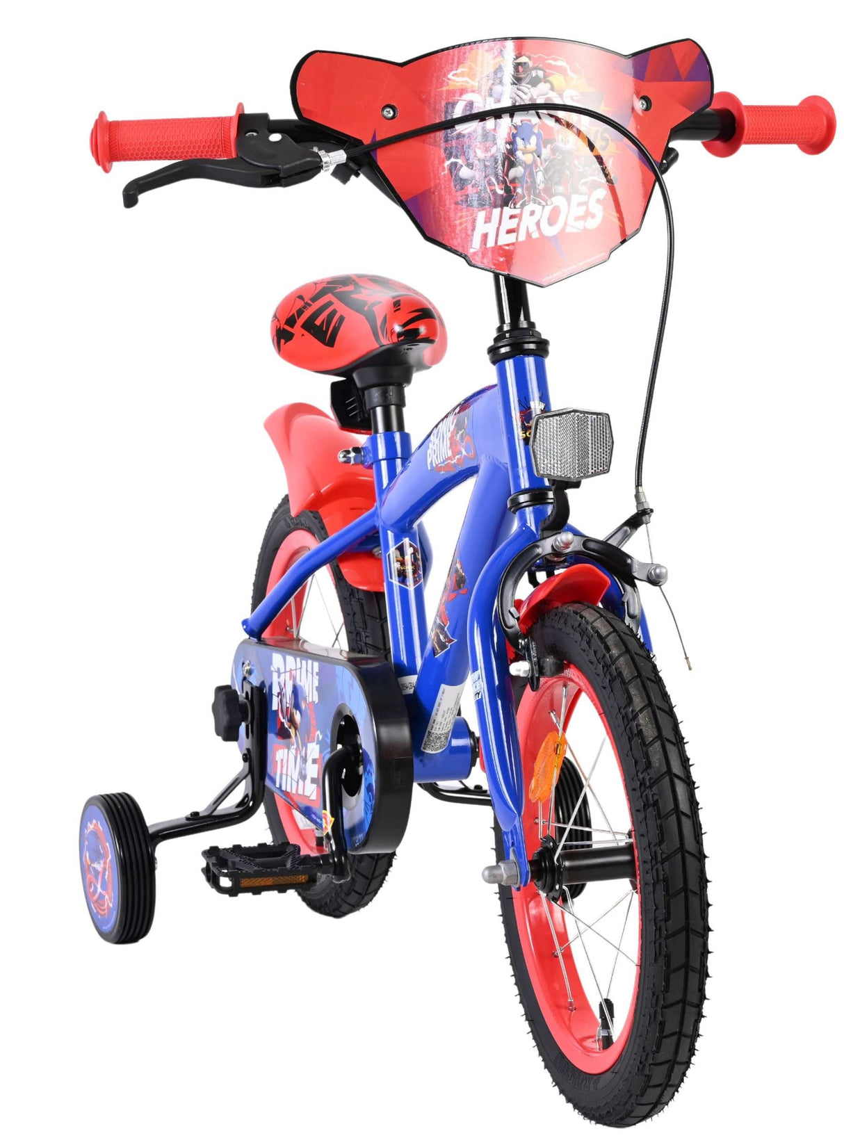 Kinderfahrrad in Blau und Rot mit Heldenmotiv und Stützrädern