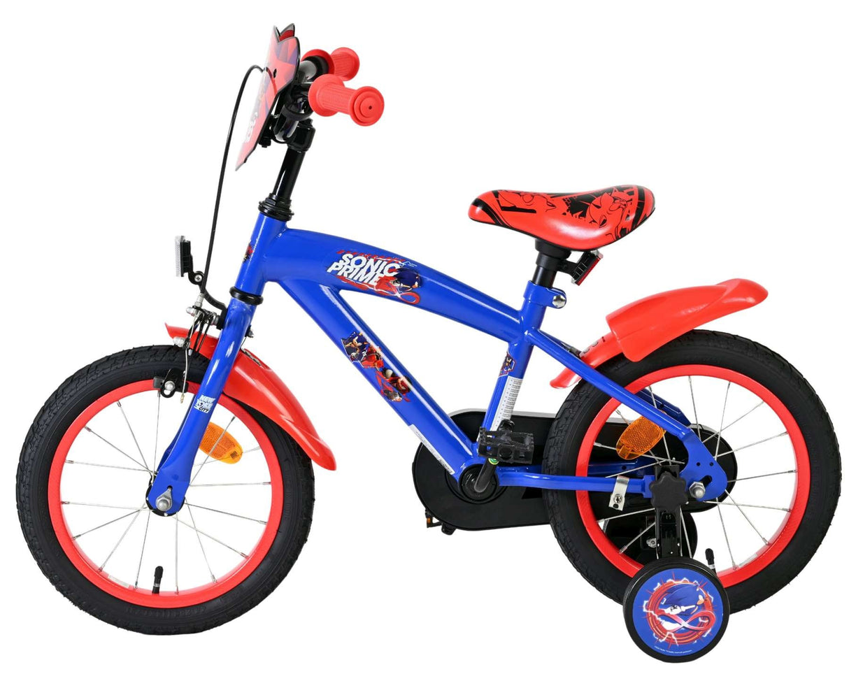 Blaues Kinderfahrrad mit roten Akzenten und Stützrädern