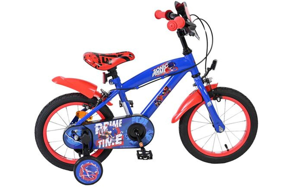 Kinderfahrrad in Blau und Rot mit sportlichem Design und Stützrädern