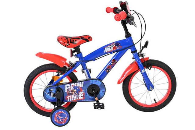 Kinderfahrrad in Blau und Rot mit sportlichem Design und Stützrädern