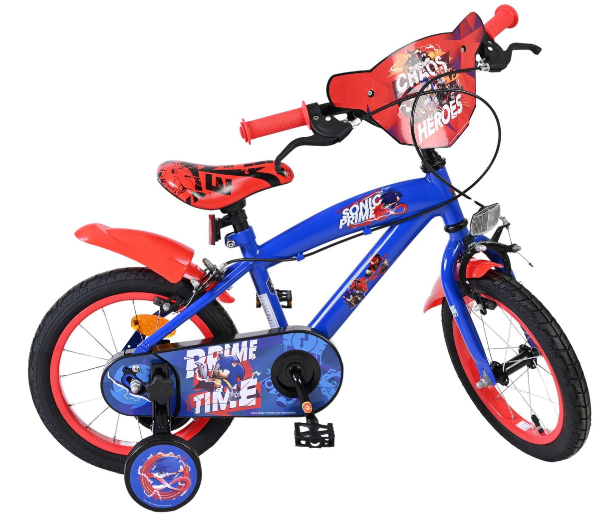 Blaues Kinderfahrrad mit roten Akzenten und Comic-Motiven