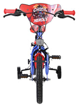 Kinderfahrrad in Blau und Rot mit Comic-Grafik und Stützrädern