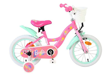Rosa Kinderfahrrad mit Korb und bunten Motiven