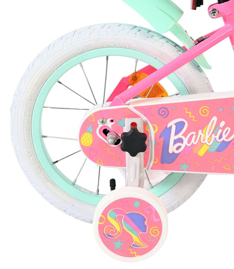 Rosa Kinderfahrrad mit buntem Design und weißen Reifen