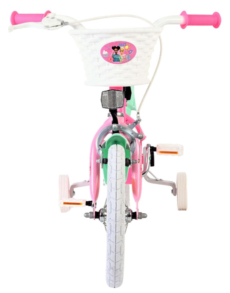Kinderfahrrad in Pink und Grün mit Korb und Stützrädern