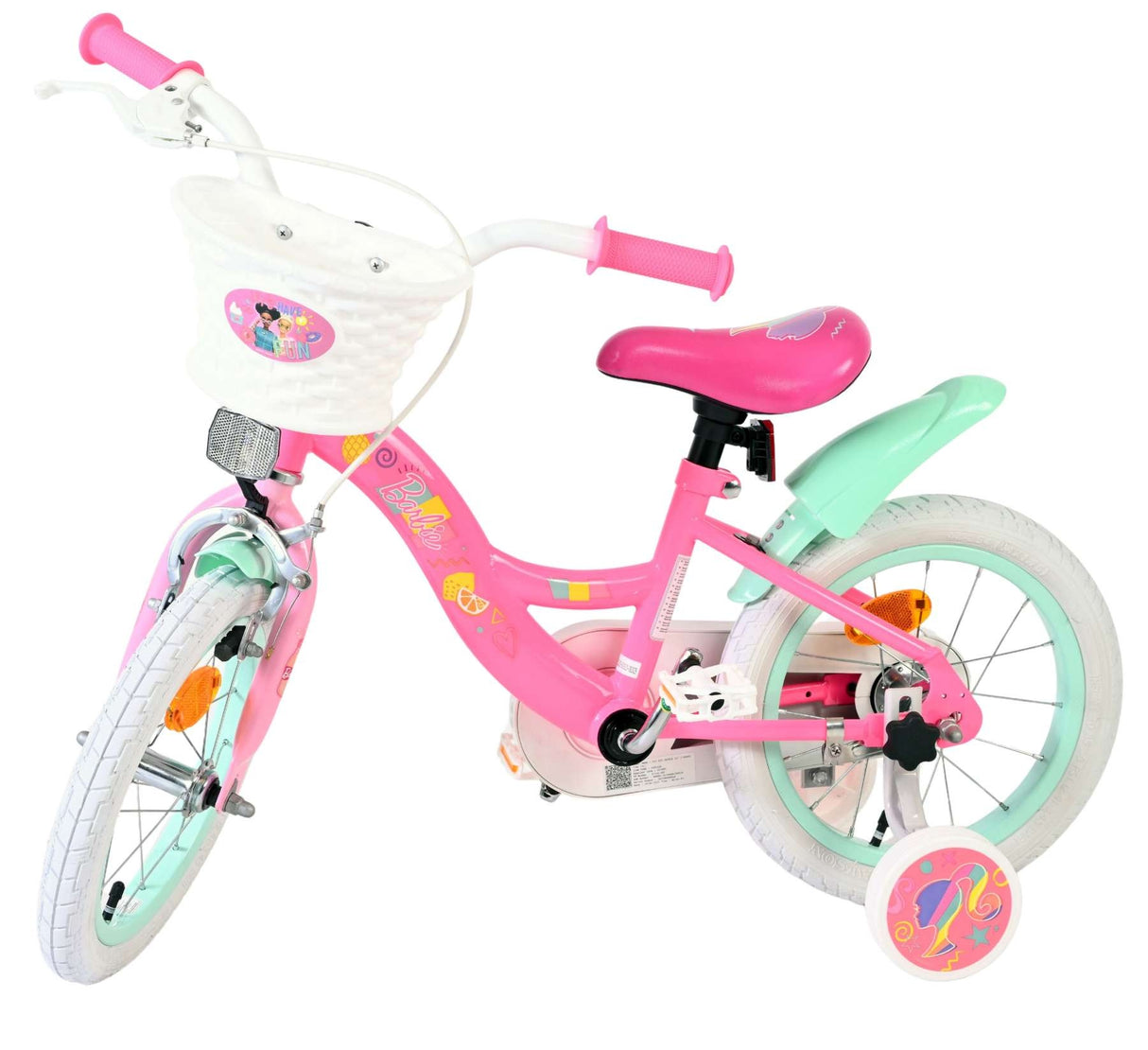 Rosa Kinderfahrrad mit Korb, Stützrädern und bunten Details
