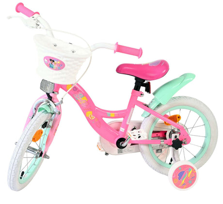 Rosa Kinderfahrrad mit Korb, Stützrädern und bunten Details