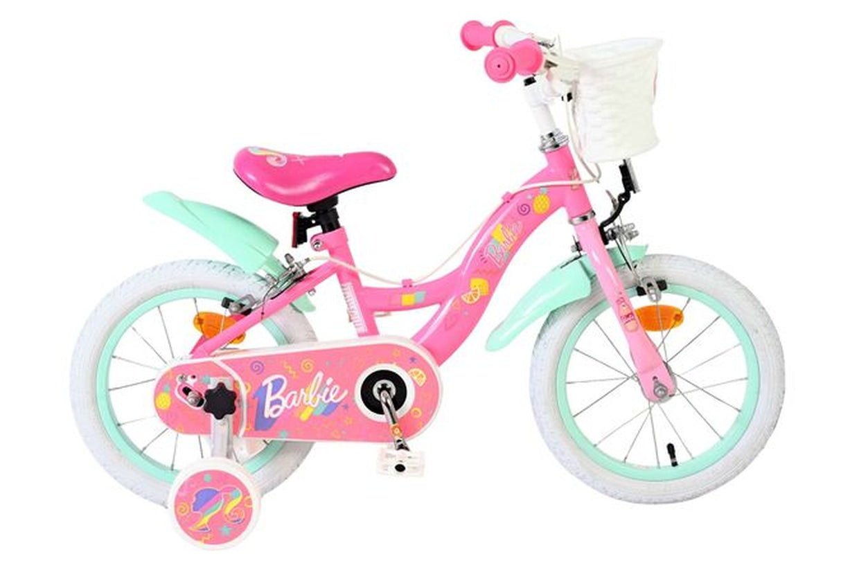 Rosa Kinderfahrrad mit weißen Reifen und Korb vorne