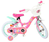 Rosa Kinderfahrrad mit Korb und bunten Barbie-Motiven