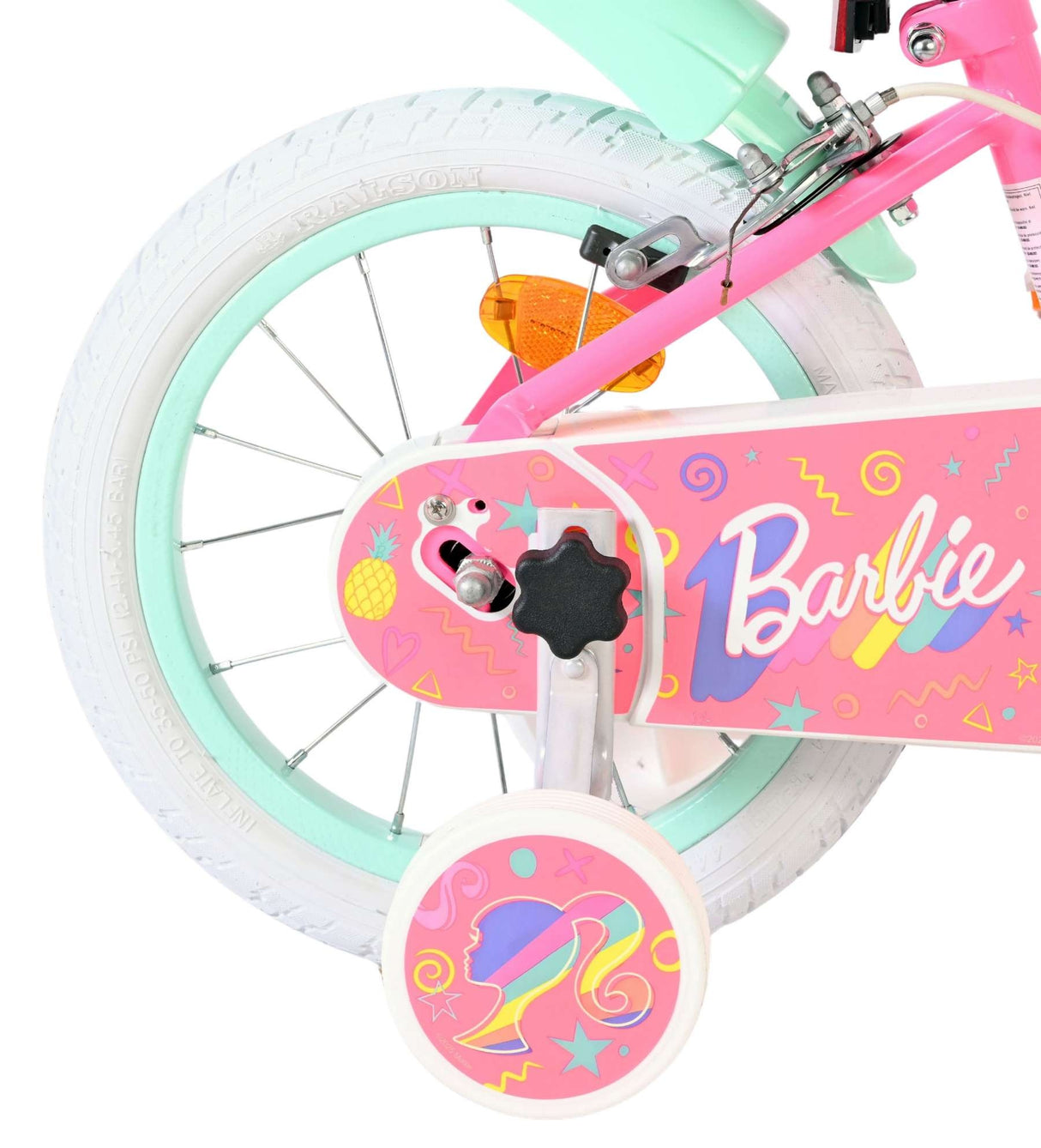 Rosa Kinderfahrrad mit weißen Reifen und bunten Barbie-Motiven