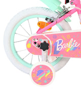 Rosa Kinderfahrrad mit weißen Reifen und bunten Barbie-Motiven
