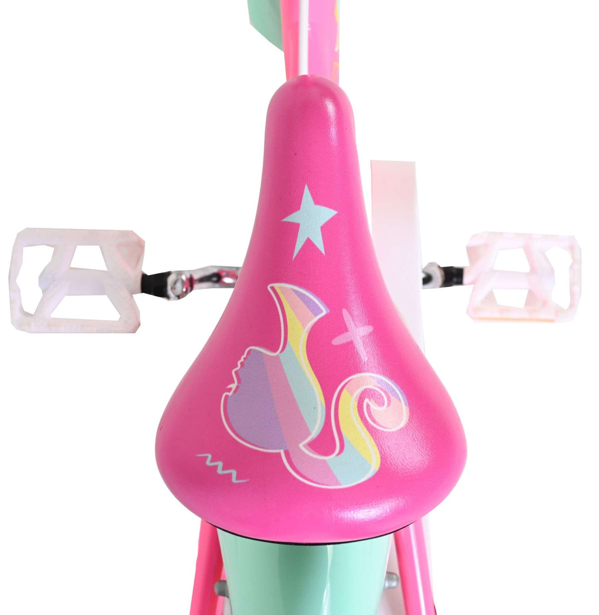 Pinkes Fahrrad mit buntem Sattel und Sternenmotiv