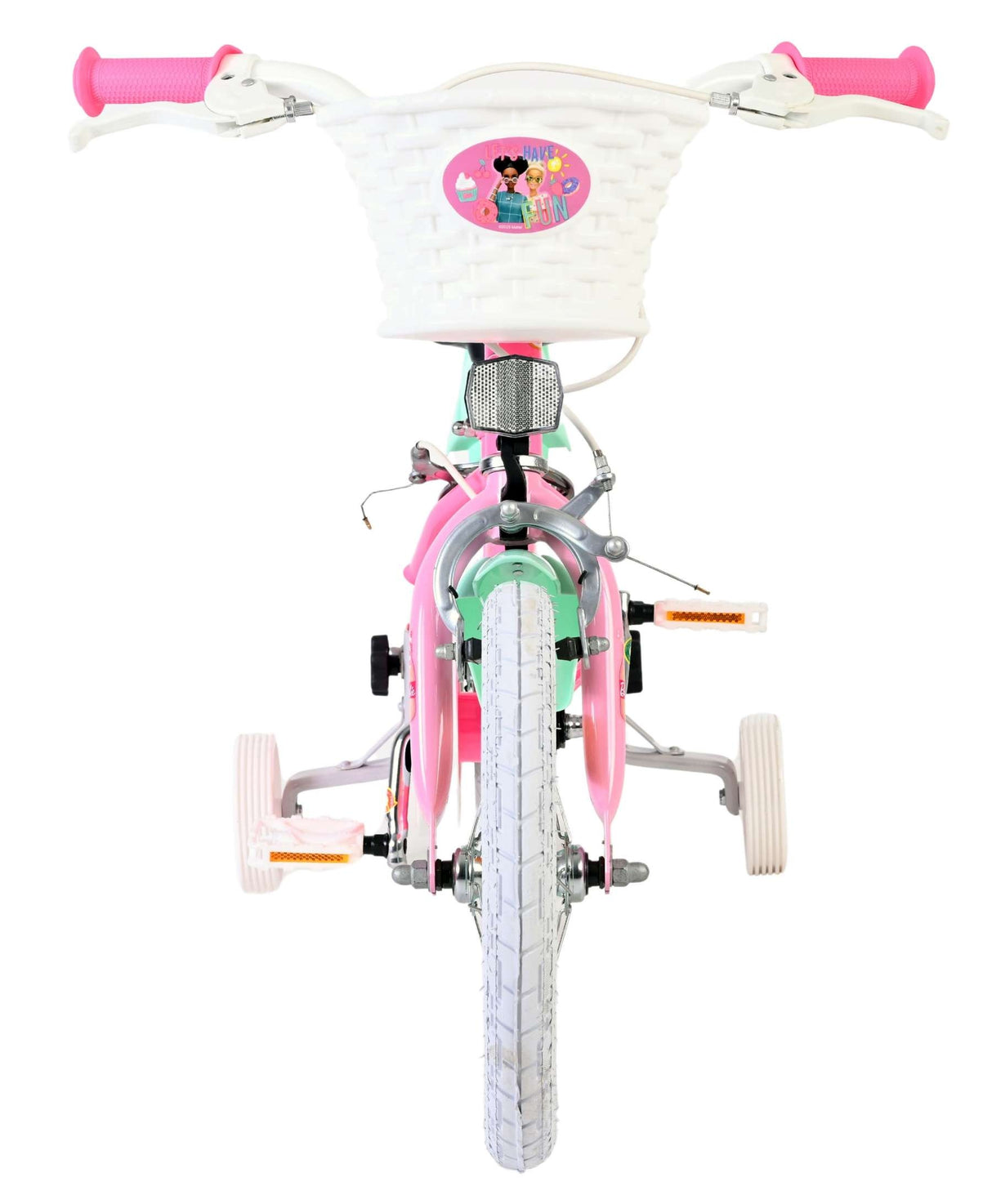 Rosa Kinderfahrrad mit Korb und Stützrädern, vordere Ansicht