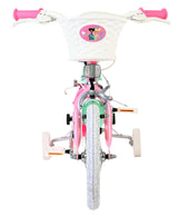Rosa Kinderfahrrad mit Korb und Stützrädern, vordere Ansicht