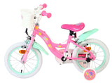 Rosa Kinderfahrrad mit Korb, weißen Reifen und mintgrünen Akzenten