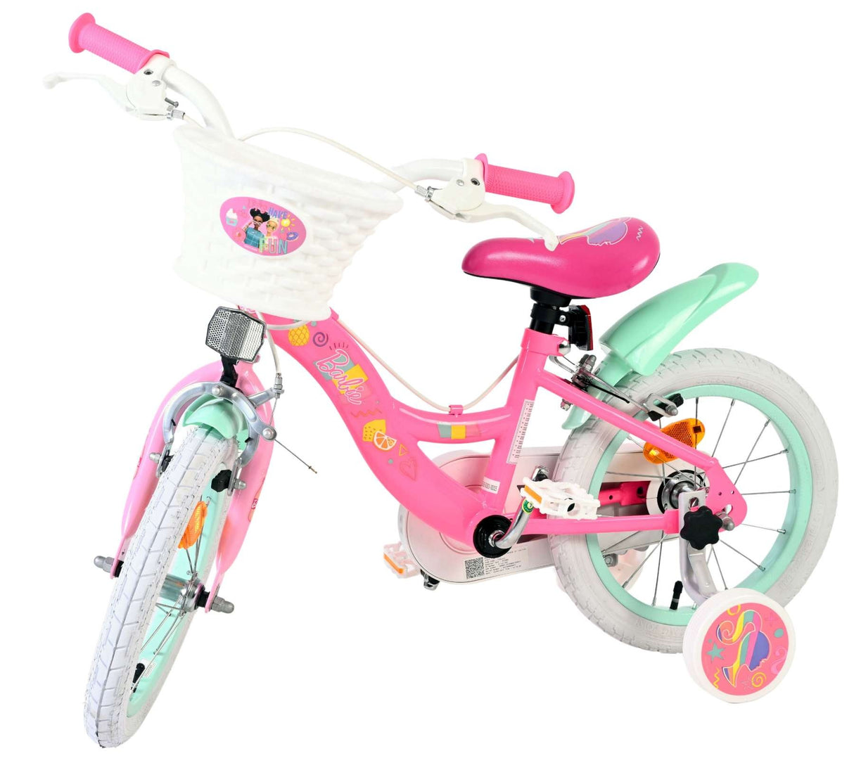 Rosa Kinderfahrrad mit Korb und bunten Details, zwei Rädern
