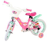 Rosa Kinderfahrrad mit Korb und bunten Details, zwei Rädern