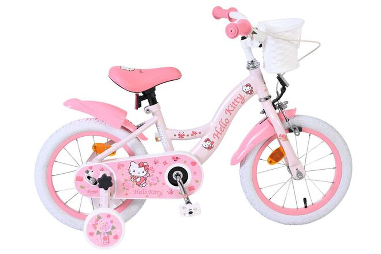 Rosa Kinderfahrrad mit Hello Kitty Motiven und weißem Korb