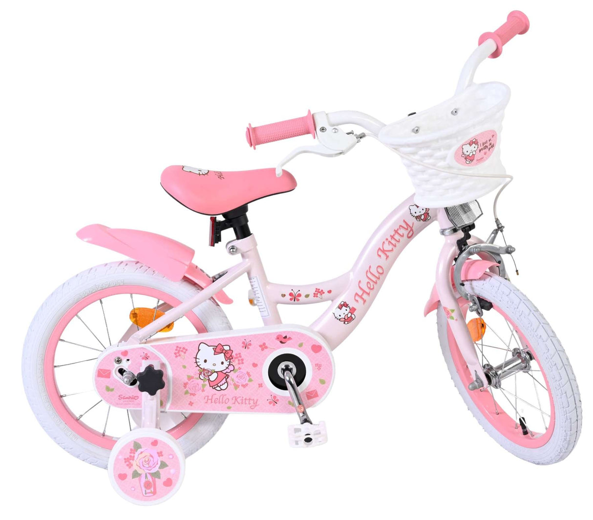 Rosa Kinderfahrrad mit Hello Kitty Design und Korb vorne