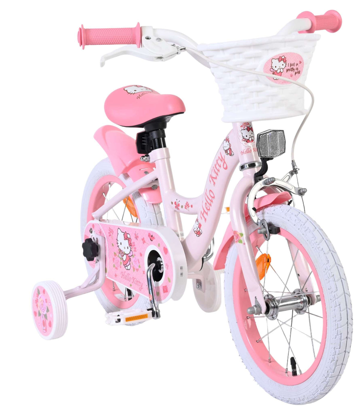 Rosa Kinderfahrrad mit Hello Kitty Design und Korb vorne