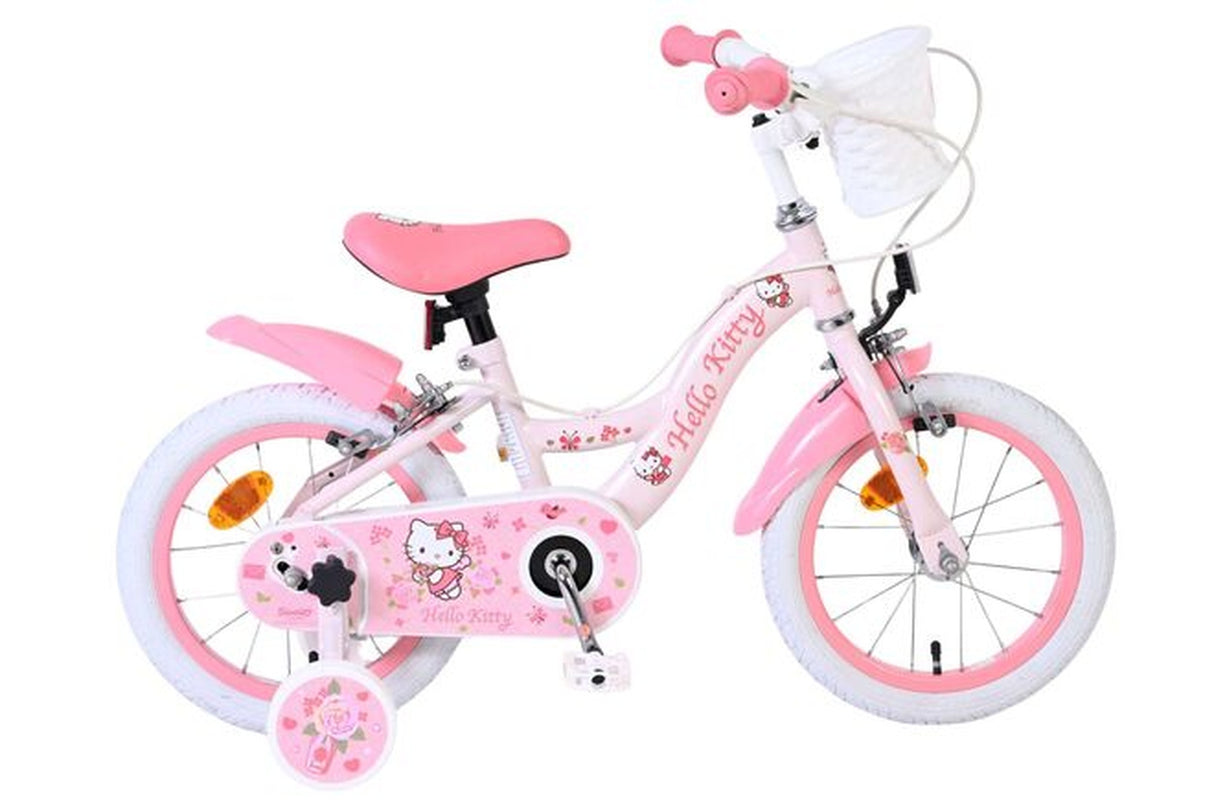 Rosa Kinderfahrrad mit Hello Kitty Design und Korb vorne