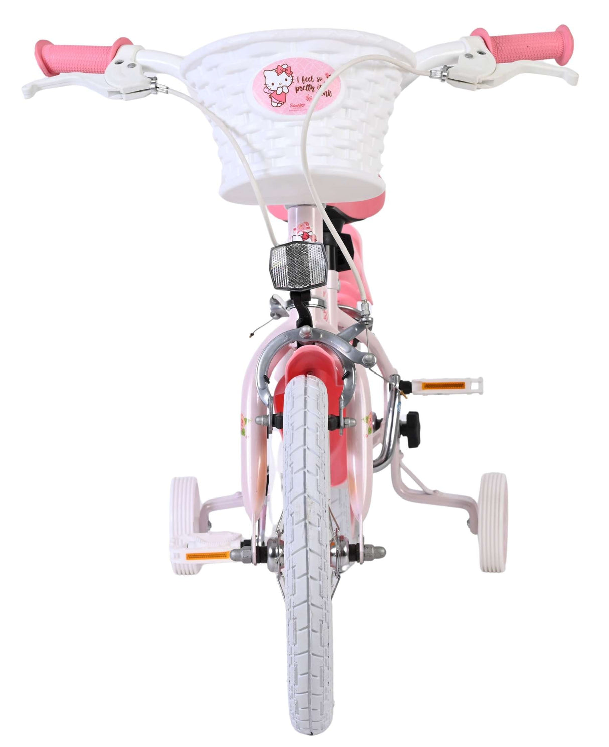 Rosa Kinderfahrrad mit Korb und Stützrädern, vorneansicht
