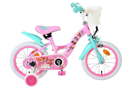 Kinderfahrrad in Pink mit bunten Aufklebern und Korb vorne