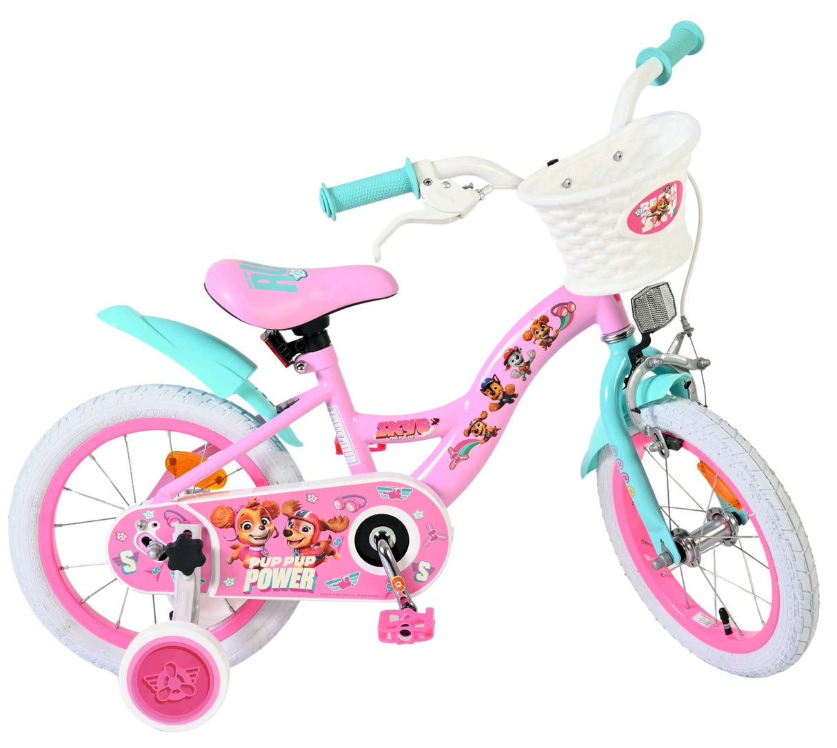 Rosa Kinderfahrrad mit Korb und bunten Aufklebern