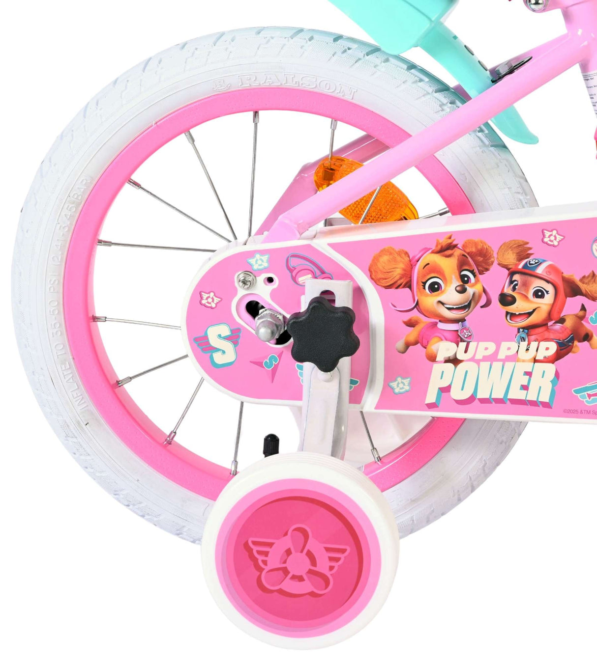 Rosa Kinderfahrrad mit weißen Reifen und buntem Design