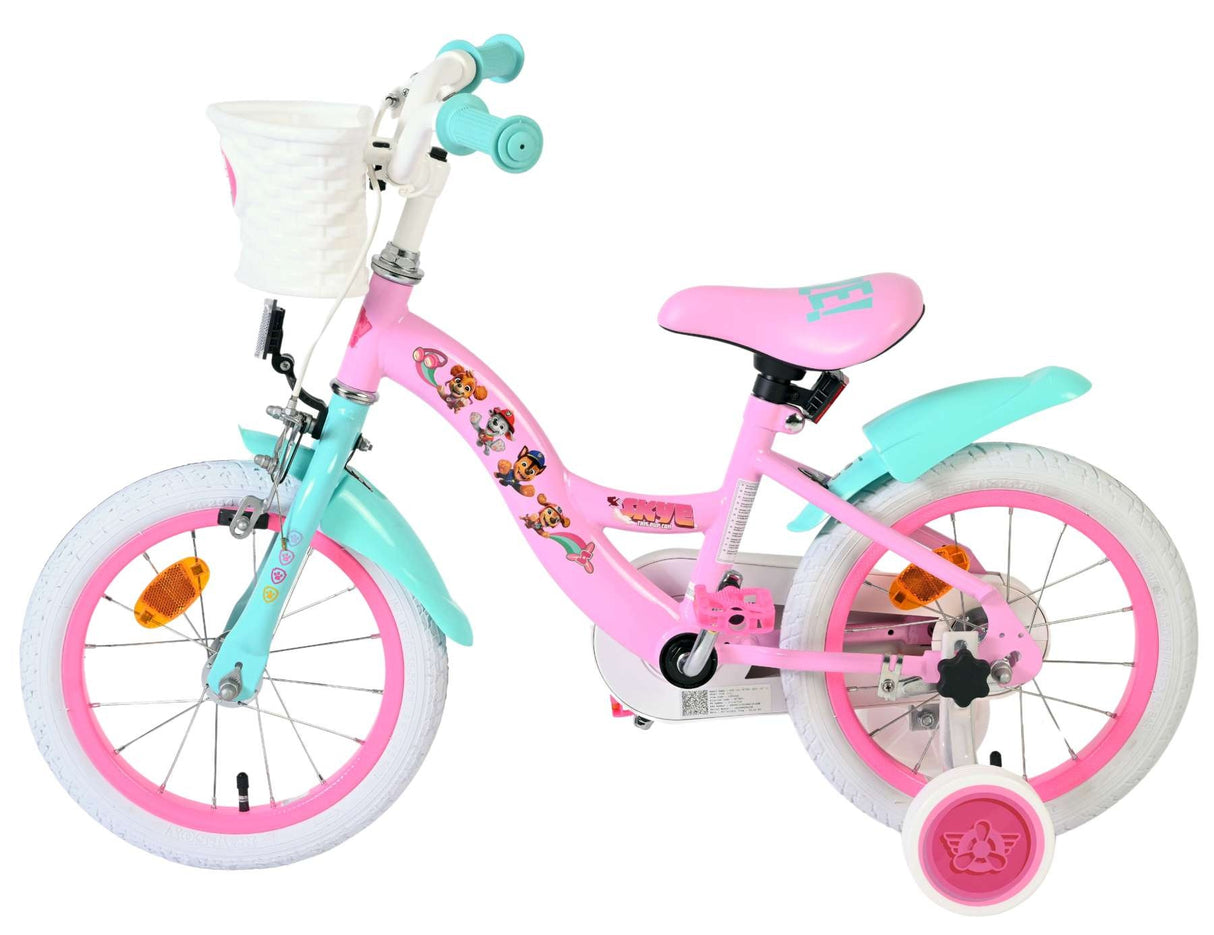 Kinderfahrrad in Pink und Türkis mit weißem Korb und bunten Aufklebern