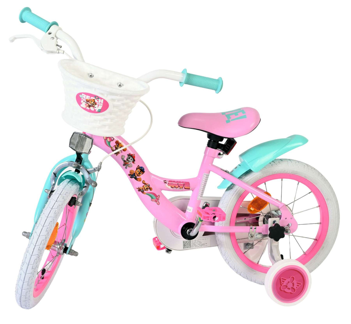 Rosa Kinderfahrrad mit Korb, Stützrädern und bunten Details