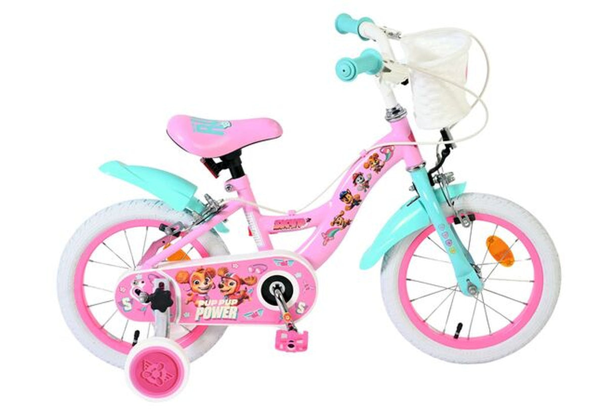 Kinderfahrrad in Pink mit weißen Reifen und Korb vorne