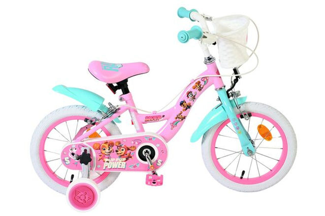 Kinderfahrrad in Pink mit weißen Reifen und Korb vorne