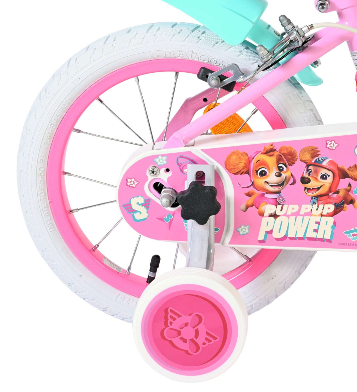 Kinderfahrrad mit pinken Rädern und stabilisierenden Rollen