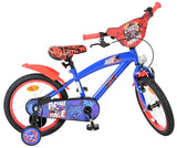 Kinderfahrrad in Blau und Rot mit Comic-Design und Stützrädern