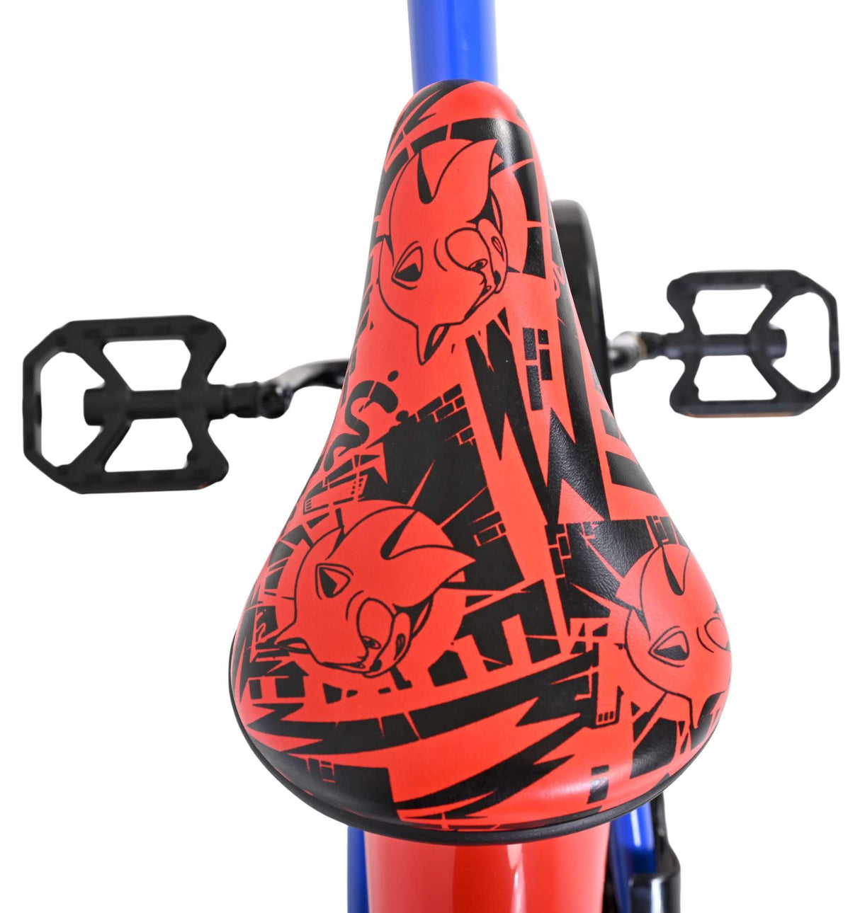 Roter Fahrradsattel mit grafischem Design und blauen Rahmen
