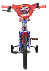 Kinderfahrrad mit rotem und blauem Design, Stützräder und Comic-Motiv