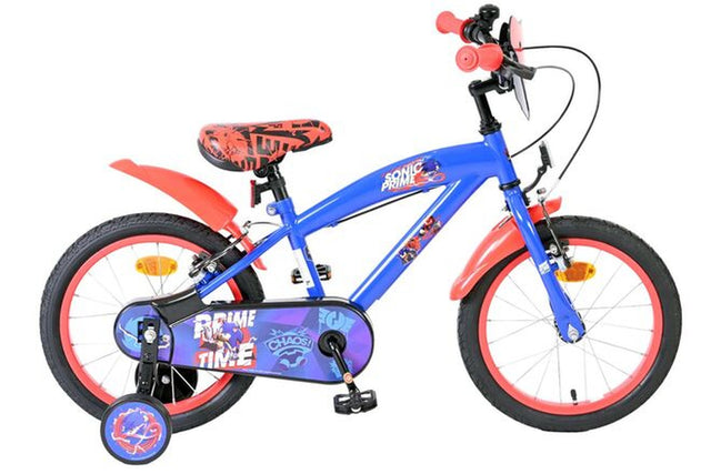 Blaues Kinderfahrrad mit roten Akzenten und Sonic Prime Design