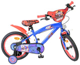 Blaues Kinderfahrrad mit roten Akzenten und Comic-Motiven