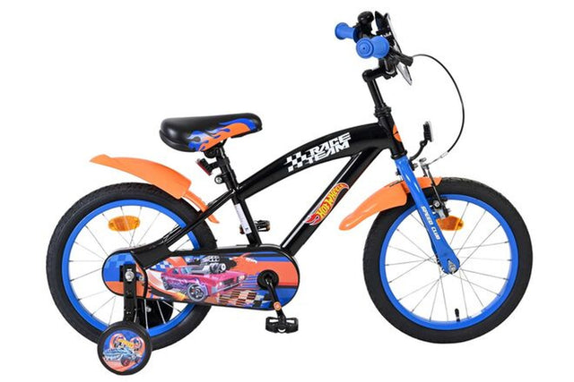 Schwarzes Kinderfahrrad mit orangefarbenen und blauen Akzenten, 16 Zoll Räder